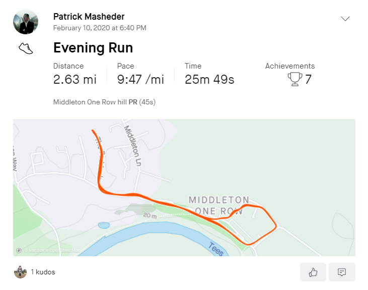 Patrick's first Strava run